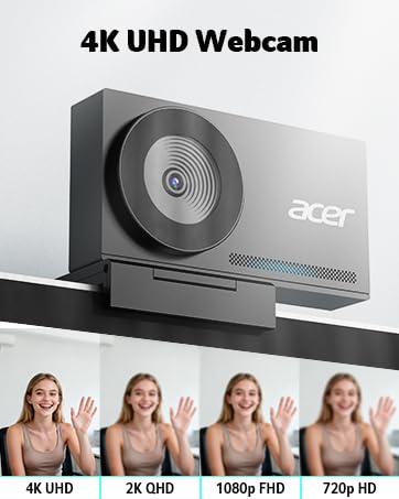 Acer 4K Webcam for PC/Mac with All-Metal Unibody Sculpted, Sony 1/2" Sensor, PDAF, 2 Noise Reduction Mics, Privacy Cover, Lightweight, Fast Cooling, Streaming Camera for Live Meeting Commerce Gaming