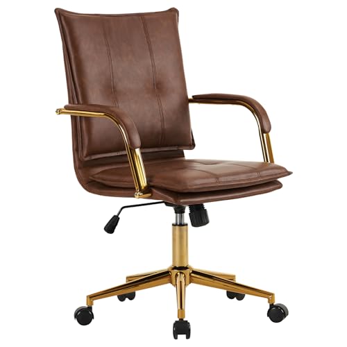 MOJAY Mid-Back Ergonomic Leather Office Desk Chair, Modern Upholstered Computer Chair, Executive Office Chair with Arms, Swivel Adjustable Rolling Chair with Gold Base (Brown)