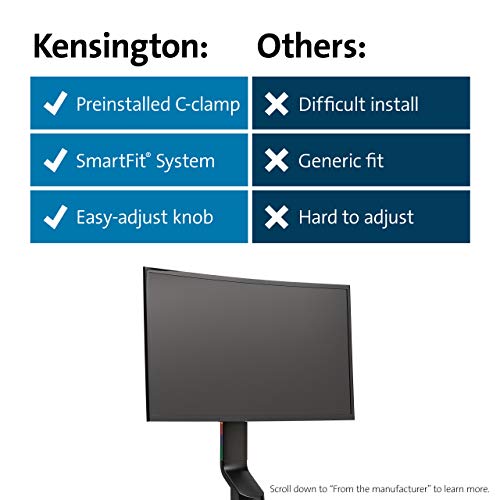 Kensington Single Monitor Desk Mount, C-clamp Vesa Stand Fits up to 32 inch Ultrawide Samsung LG , Low Profile Vertical Mount, Height Adjustable Free Standing Arm,K55512WW Black