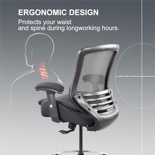 WITTLONG 400lbs Office Drafting Chair Wide Dual Seat Cushion for High Standing Desk with Lumbar Support and Enlarged Adjustable Footrest-Black