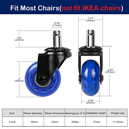Hirate Office Chair Caster Replacement, 2" Heavy Duty Desk Chair Casters Rolling Smooth Safe for Hardwood, Tile & Carpet Universal Fit 7/16" x 7/8" (Set of 5), Blue