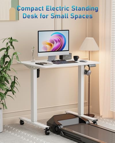 Xyndyx 32" Small Electric Rolling Standing Desk Adjustable Height, Mobile Sit Stand up Desk with Lockable Casters for Home Office & Computer Workstation, Splice Board, 2 Hooks, White Frame/White Top