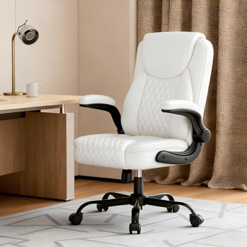GTPLAYER Leather Office Chair, Home Desk Chair with Flip-up Arms and Ergonomic Back - Comfy Heavy Duty Executive Chair for Home Office Gaming, White