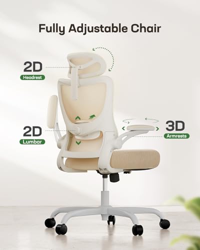 Marsail Ergonomic Office Chair: Office Computer Desk Chair with High Back Mesh and Adjustable Lumbar Support Rolling Work Swivel Task Chairs with Wheel 3D Armrests and Headrest (White)