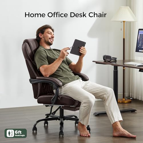 amseatec Big and Tall Office Chair with Footrest, Ergonomic Leather High Back Computer Chair Infinite Lock Reclining 90°-135°,20 Spring Packs,300lbs Executive Desk Chair for Home Office（Brown）