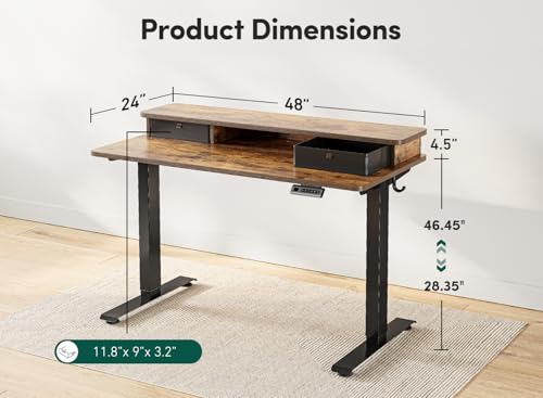 FEZIBO 48 x 24 Inch Height Adjustable Electric Standing Desk with Double Drawer, Stand Up Table with Storage Shelf, Sit Stand Desk, Rustic Brown