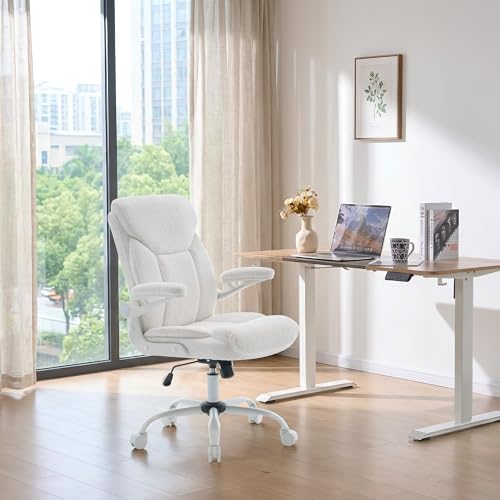 Home Office Ergonomic Desk Chair - Comfy Fabric Executive Chair with Flip-Up Armrests, Height Adjustable Computer Chair for Gaming, 360° Swivel & Rocking (White)