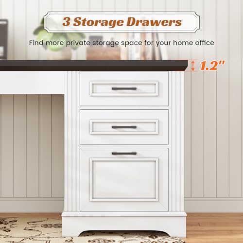 SEDETA Office Desk with 3 Drawers, 55" Executive Computer Desk with Storage Drawers, Farmhouse Desk with Power Outlet for Home Office, White