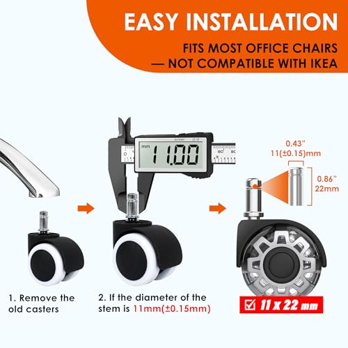 WEWILL Office Chair Wheels, Rubber Replacement Caster Heavy Duty Wheels for Computer Desk Chair to Replace Office Chair mats, Protect Hardwood Floors and Carpet, Set of 5 Silver