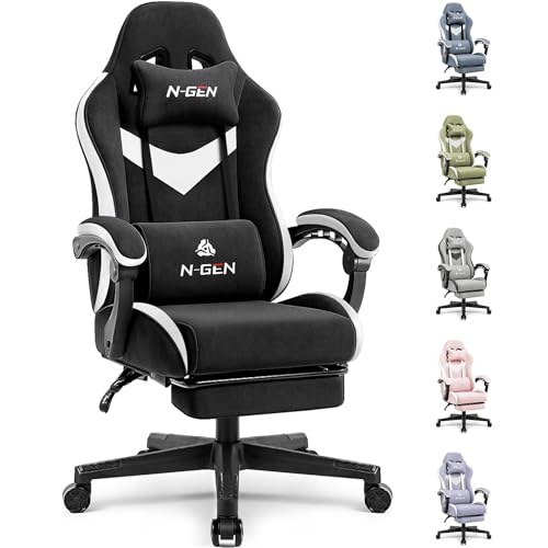N-GEN GAMING Gaming Chair Video Game Computer Office Desk Use Ergonomic Reclining Backrest Adjustable Armrests Lumbar Support Footrest High Density Foam Breathable Fabric Heavy Duty Base (Black)