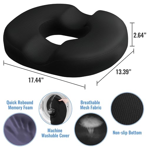 Donut Pillow Stadium Seat Cushion for Tailbone Pain Relief and Hemorrhoids, Memory Foam Seat Chair Cushion for Postpartum Pregnancy, Portable Seat Cushions for Bleachers, Car, Home & Office, Black