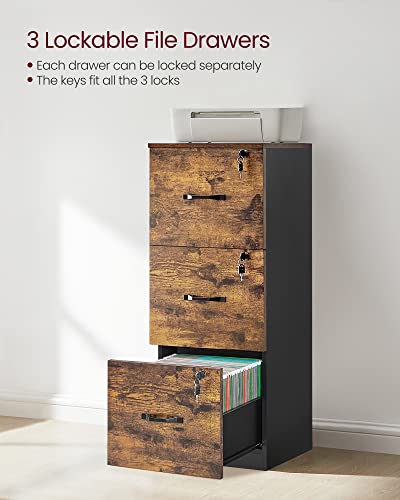 VASAGLE Custos Collection File Cabinet, 3 Drawer Filing Cabinet for Home Office, with Wheels, for A4, Letter Sized Documents, Hanging File Folders, Rustic Brown UOFC055KD01