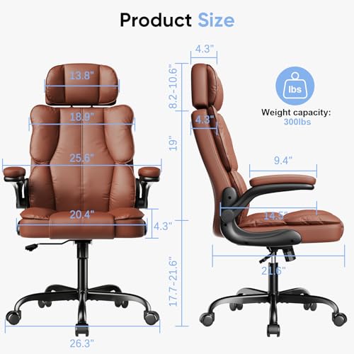 Kensaker Office Chair with Adjustable Headrest & Lumbar Support for for Lower Back Pain Relief, Executive PU Leather Chairs Comfy with Double Padding & 135° Rocking for Home Office, Brown