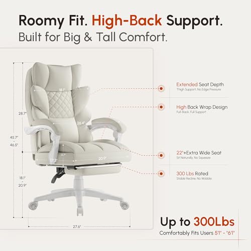 Dowinx Big and Tall Office Chair with Pocket Spring Cushion,High Back Computer Gaming Chairs with Linkage Armrests,Executive Desk Chairs with Footrest,PU Leather-White