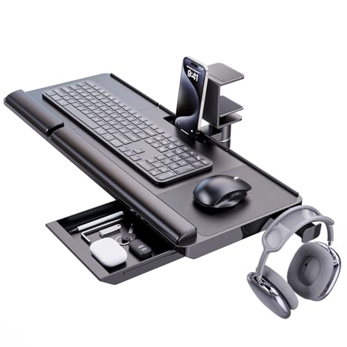 Klearlook Keyboard Tray Under Desk with 360° Rotation, Ergonomic Computer Keyboard & Mouse Tray 25"W×11.02"D Sit Stand Desk Keyboard Holder w/Wrist Rest & Storage Drawer (Height is not Adjustable)