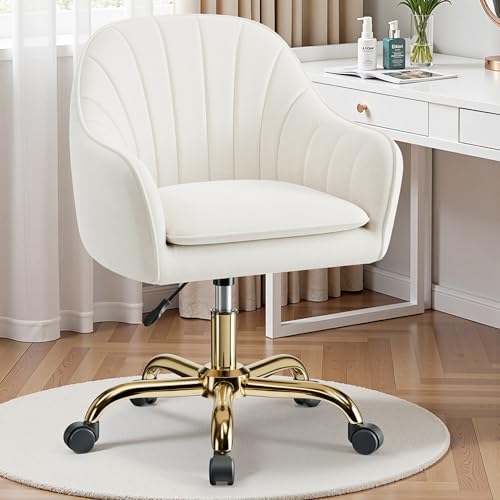 BestEra Vanity Chair with Wheels, Comfy Home Office Desk Chairs Adjustable Modern Velvet Makeup Vanity Chairs for Bedroom Living Room-Beige