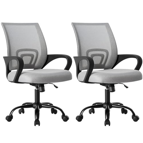 OLIXIS Office Desk Chair - Ergonomic Mid Back with Lumbar Support & Rocking Mode, Height Adjustable with Fixed Armrest, for Home, Computer, Gaming, Conference, Meeting Room, 360° Swivel, Grey, 2 Pack