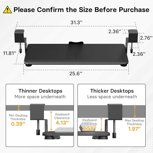 BONTEC KMT01 Under Desk Keyboard Tray, Pull-Out Keyboard & Mouse Platform with C-Clamp, 25.6 x 11.8 in Space-Saving Ergonomic Slide-Out Drawer, Black