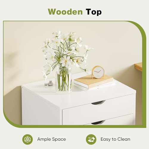 Sweetcrispy 5 Drawer Chest Mobile Storage Cabinets Small Wooden Dresser with Wheels Room Organization Furniture for Office Home, Rolling Vertical Organizer for Home Office, White Wood