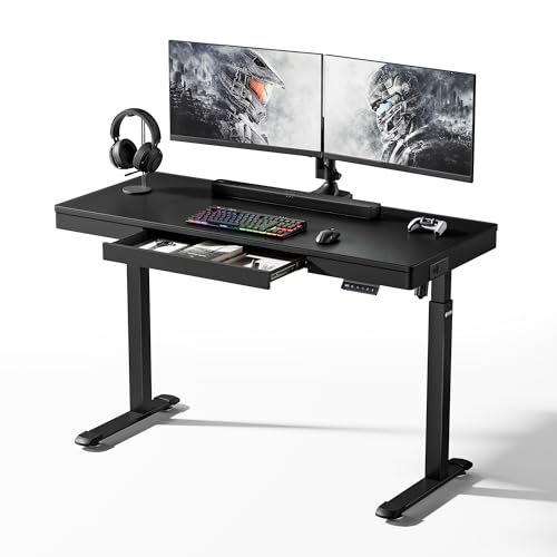 EUREKA ERGONOMIC Frosted Glass Gaming Standing Desk with Drawers, 55 Inch Electric Standing Desk Adjustable Height, Sit Stand with Power Outlet & USB, Home Office Work, Black