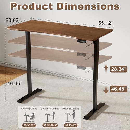 Solid Wood Electric Standing Desk 55"x23.6"Home Office Desk,Adjustable Workbench with 3 Stages Single Motor, Computer Workstation with T-Shaped Metal Bracket,Walnut Standing Table for Gaming(1 Box)