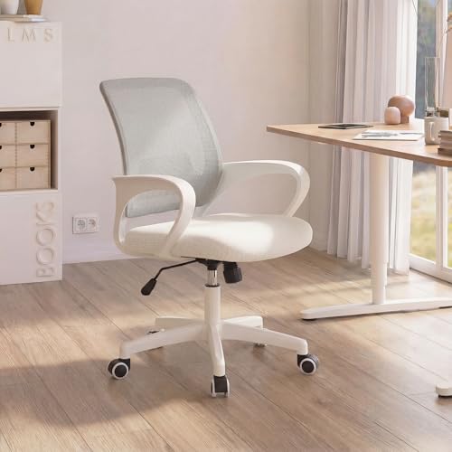 NEO Chair Office Desk Computer Ergonomic Chair Comfy Mid Back Mesh Seat with Lumbar Support Adjustable Height Swivel Rolling Wheels for Home Task Vanity Study Bedroom (Ivory-White Frame)