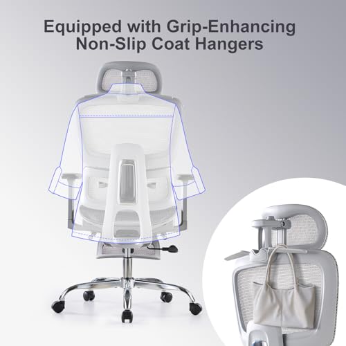 LarkLeaves Office Chair with Footrest, Ergonomic Chair with 3D Headrest, Computer Chair with Adjustable Backrest & 3D Armrest, Gaming Chair with Adaptive Lumbar Support, Mesh Backrest & Cushion, Grey