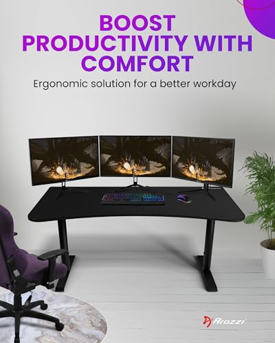 Arozzi Arena Large Gamer Desk - 63x32” Adjustable Height PC Gaming Desk With Storage For Cables & Triple-Monitor Support - Full-Surface Washable Mousepad - Pure Black