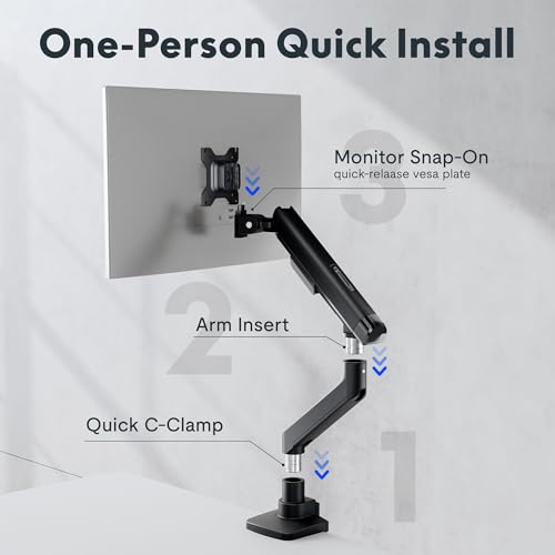 FlexiSpot Single Monitor Arm, Premium Aluminum Monitor Desk Mount Fits Screen up to 39 Inches, Fully Adjustable Monitor Stand with C-Clamp & Grommet Base, Holds 6.61 to 26.46 lbs, Black