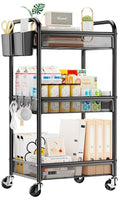YASONIC 3 Tier Rolling Cart – Metal Utility Storage Carts with Wheels, Craft Cart Organizer with Hanging Cups, Hooks, Mesh Basket for Bedside Kitchen Office Art, Black