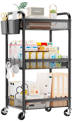 YASONIC 3 Tier Rolling Cart – Metal Utility Storage Carts with Wheels, Craft Cart Organizer with Hanging Cups, Hooks, Mesh Basket for Bedside Kitchen Office Art, Black