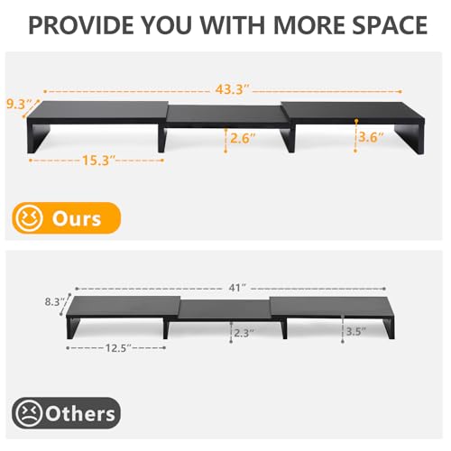 TAVR Dual Monitor Stand Riser Office Desktop Organizer Stand for 2 Monitors, Adjustable Length and Angle 3 Shelf, Extra Long Multifunctional Wooden Stand up to 43.3" fit Computer, Laptop, TV, Black