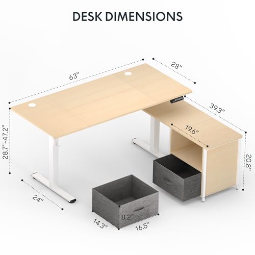 FLEXISPOT L Shaped Standing Desk with Drawers, Large Electric Height Adjustable Executive Desk, Sit Stand Desk for Home Office and Workstation, Hooks and USB Port (63"x28" White Wood Grain)