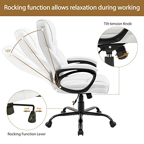 Yaheetech High Back Executive Office Chair Faux Leather Ergonomic Managerial Chair for Meeting Computer Large Seat, Sturdy Metal Base,White