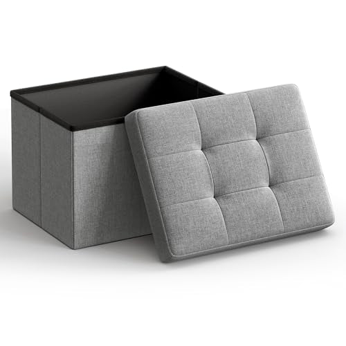 SONGMICS Mazie Collection - Small Folding Storage Ottoman, Foot Rest Stool, 12.2 x 16.1 x 12.2 Inches, 286 lb Load Capacity, for Living Room, Bedroom, Home Office, Dorm, Light Gray ULSF102G02