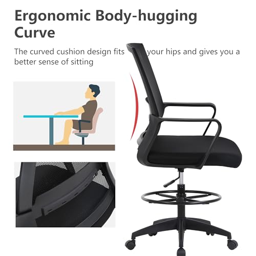 BestOffice Drafting Chair Tall Office Chair Adjustable Swivel Rolling Mesh Height with Lumbar Support Arms Footrest Mid Back for Adults Standing Desk Drafting Stool(Black)