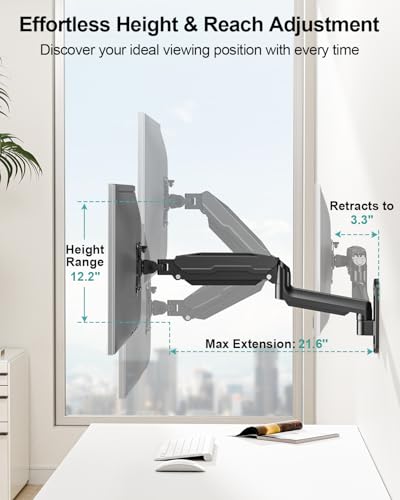 MOUNT PRO Single Monitor Wall Mount for 13 to 32 Inch Computer Screens, Height Adjustable Wall Mount Monitor Arm Holds Up to 19.8lbs, Full Motion Wall Bracket, VESA Mount 75x75, 100x100, Black