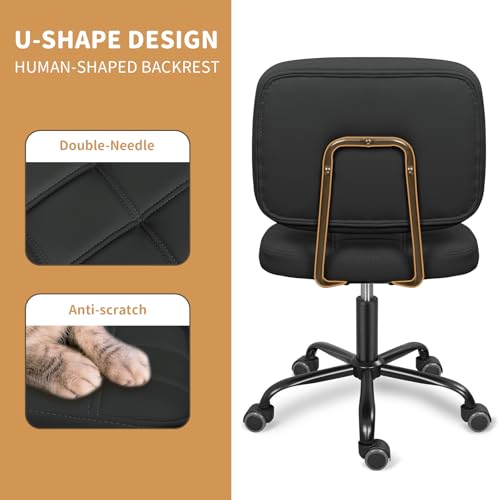 ERGOSEAT Armless Office Chair with Wheels, Small Desk Drafting Chair for Small Space, PU Leather Computer Task Chair, Height Adjustable Rolling Chair, Compact Chair for Home Office, Dorm, Vanity,Black