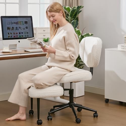 EGSEAT Criss Cross Office Chair with Wheels, Adjustable-Height Backrest & Swivel Footrest, Ergonomic Cross Legged Chair with Leg Rest for Kneeling Meditation Yoga ADHD, Beige Teddy Fleece