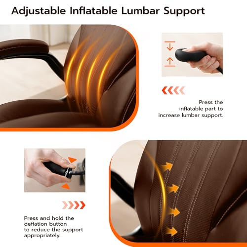 Ylzyxal Office Desk Chair, Ergonomic Computer Chair with Padded Flip-Up Arms and Adjustable Lumbar Support, PU Leather Executive Chair with Tilt Lock and 360° Swivel Rolling Wheels for Work, Study