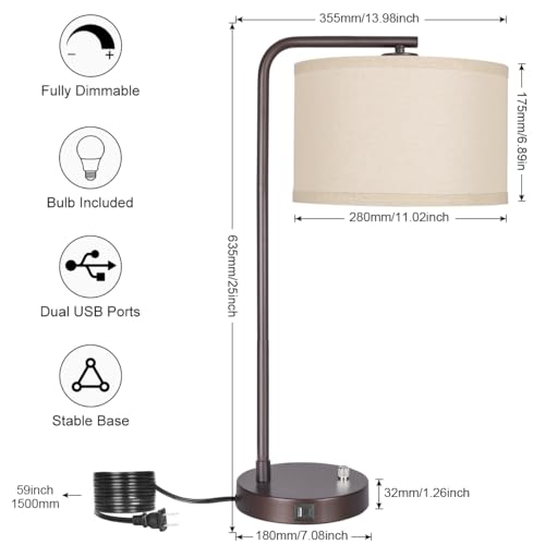 25" Tall Table Lamp with USB C+A Ports, Fully Stepless Dimmable Modern Minimalist Bedside Nightstand Lamp, Reading Desk Lamp for Bedroom, Living Room, Study Room, Office, 9W 3000K LED Bulb Included