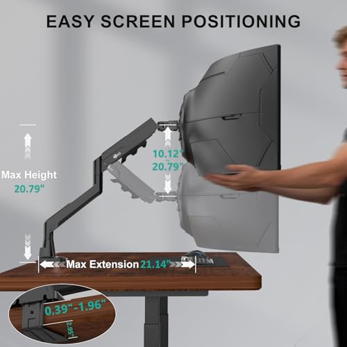 WALI Heavy Duty Single Monitor Arm for 17-49 Inch Flat Curved Ultrawide Screens, up to 33 Lbs, Adjustable Single Monitor Desk Mount for Home Office Gaming, VESA 75/100mm (GSM001XLN), Black