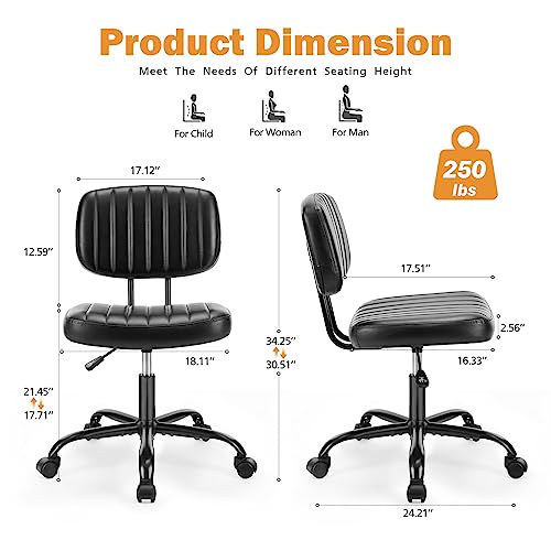 Sweetcrispy Small Office Desk Chair - Armless PU Leather with Comfy Lumbar Support, Height Adjustable Rolling Swivel Task for No Arms, for Adult, Student, Bedroom, Home, Vanity, Black