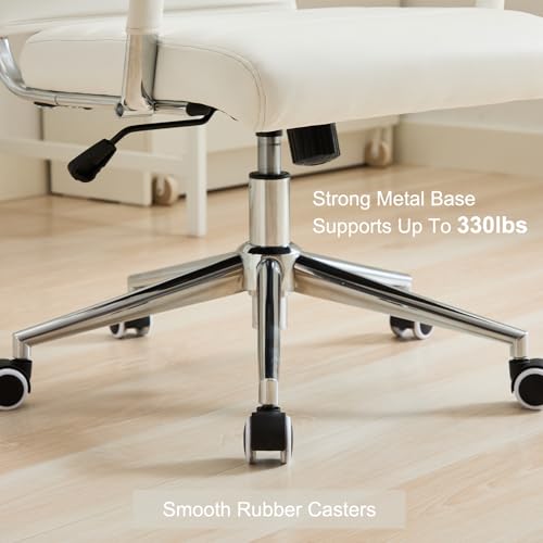 Office Desk Chair Leather, Conference Room Chairs with Wheels, Executive Modern High Back Ergonomic Swivel Rolling Ribbed Computer Chair（White）