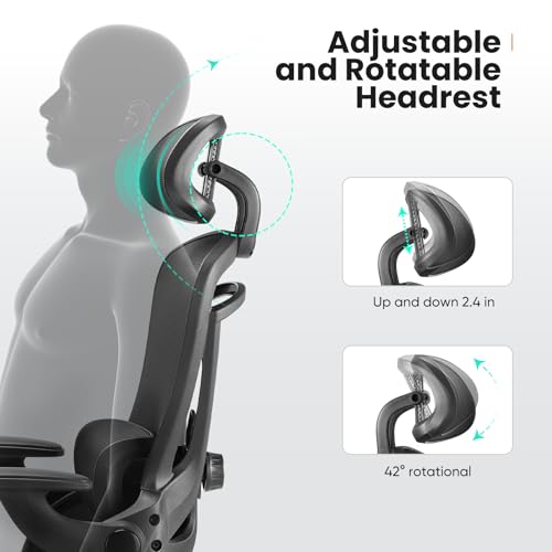 Sweetcrispy Office Ergonomic Desk Chair, 300 LBS Home Mesh Chairs with Wheels, 2D Headrest, Up&Down Lumbar Support, Swivel High Tall Back Computer with Flip-up Armrests, Dark Black