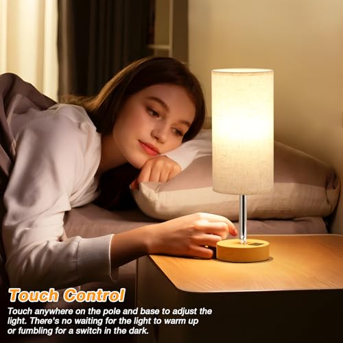 Dicoool Touch Bedside Table Lamp with USB - 3 Way Dimmable Wood Lamp for Bedroom Nightstand, Desk Lamp with Charging Station for Dorm, Living Room, Office, Kids Room, Small, 14in