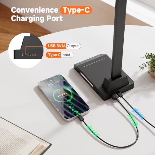 ShineTech LED Desk Lamp with USB-C Charging Port, Dimmable Desk Lamp for Home Office, Eye-Caring Reading Lamp with 25 Lighting Modes, Small Desk Light for Bedroom Nightstand with Adapter