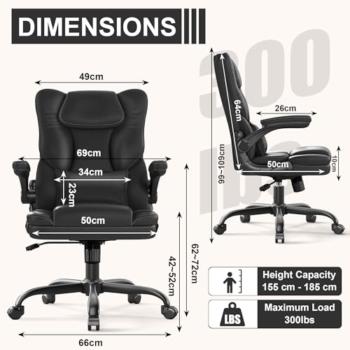 Ergonomic Office Chair with Flip-up Armrests, 300lbs Mid Back Computer Office Desk Chair with Lumbar Support, Executive Leather Chair with Rocking Function Adjustable Height for Home Office