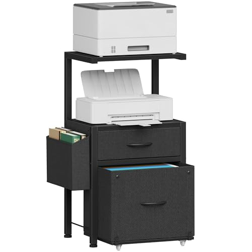 HIGDBFE File Cabinet with 2-Tier Shelf, Letter Size Drawer Filing Cabinet with Reversible Side Bag, Vertical Office Cabinet Printer Stand with Storage for Home Office, Black, 16.5" W