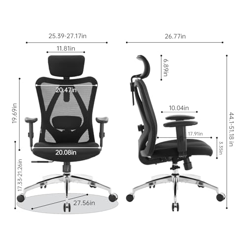 SIHOO M18 Ergonomic Office Chair, High Back Mesh Desk Chair with Adjustable Headrest & Lumbar Support, 330lbs Capacity Computer Chair with 2D Armrests & Wide Cushion, Tilt Lock, for Home Office-Black